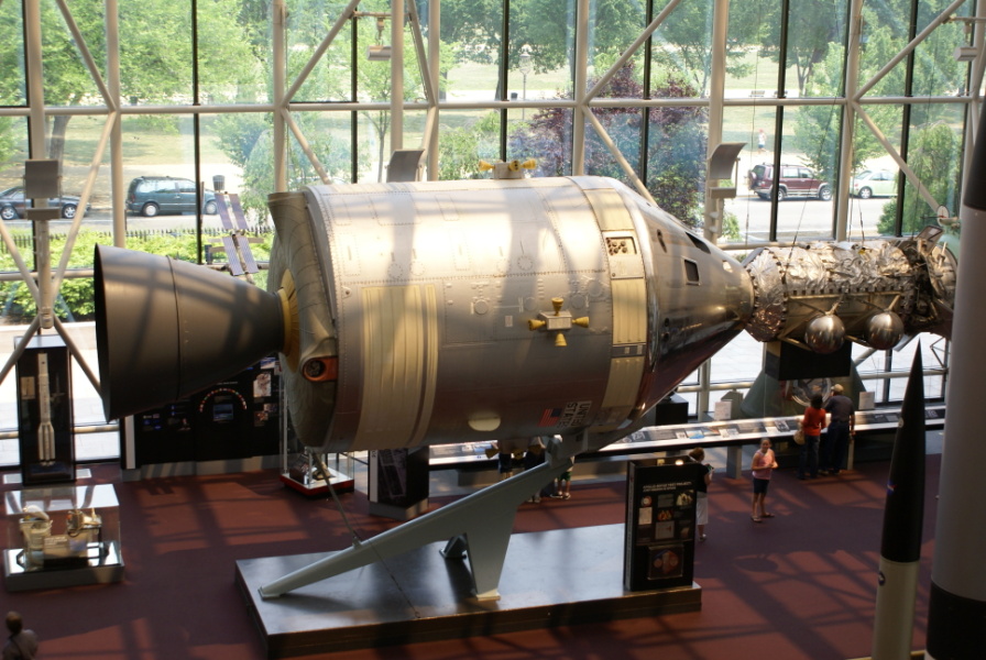 Apollo spacecraft and docking module in Apollo-Soyuz Test Project Display at National Air & Space Museum