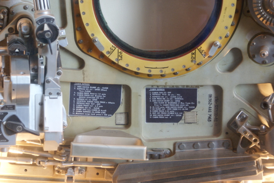 Labels with Apollo 11 Hatch usage instructions at National Air & Space Museum