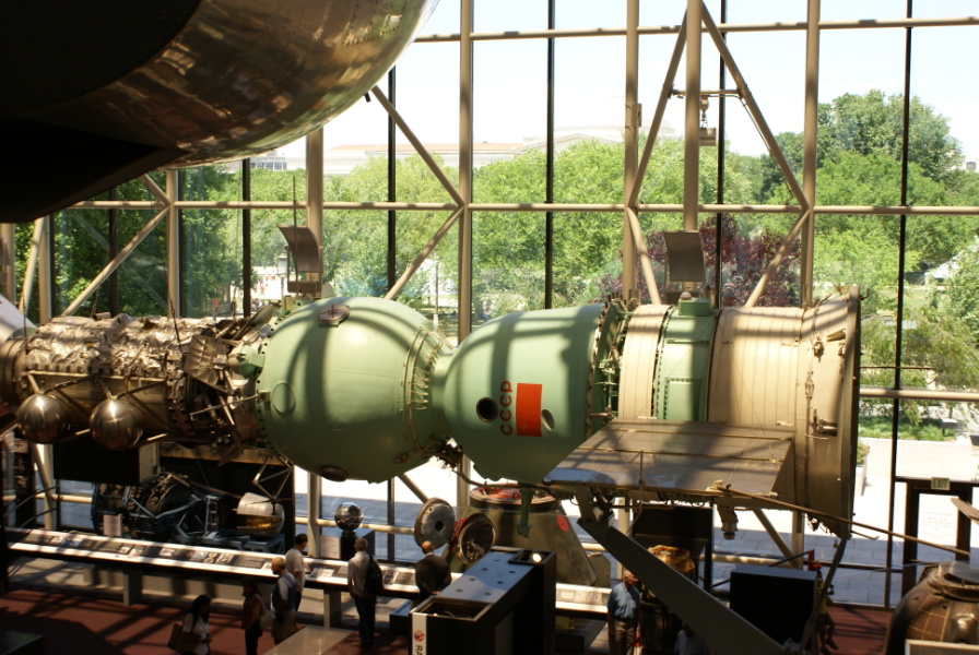 Soyuz spacecraft and docking module in Apollo-Soyuz Test Project Display at National Air & Space Museum