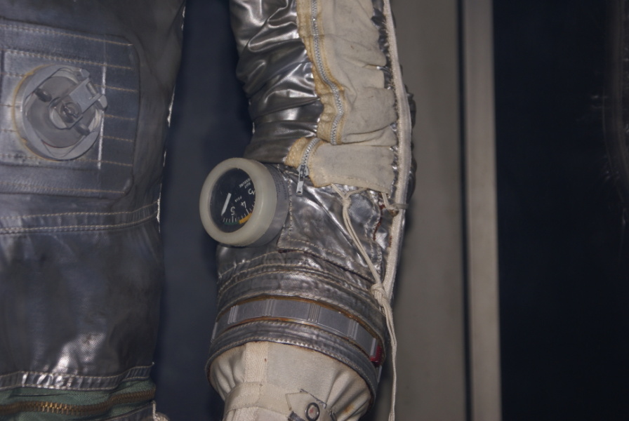 Pressure gauge on left arm of Project Mercury Suit at National Air & Space Museum