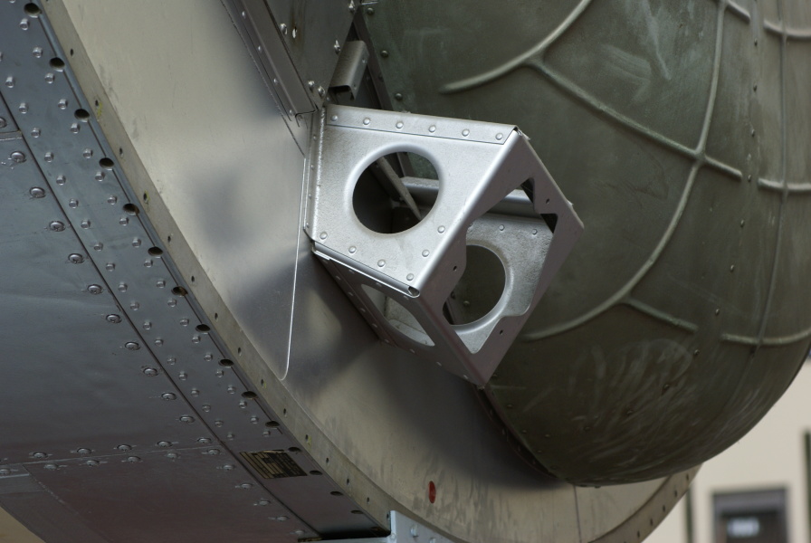 Service Module-Instrument Unit (SM-IU) umbilical connection bracket on aft end of Service Module in Apollo-Soyuz Test Project Display at National Air & Space Museum