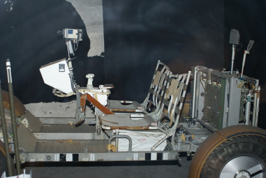 Lunar Roving Vehicle crew station, including display &amp; control console, hand controller, 16mm data acquisition (movie) camera, and crew seats at National Air & Space Museum