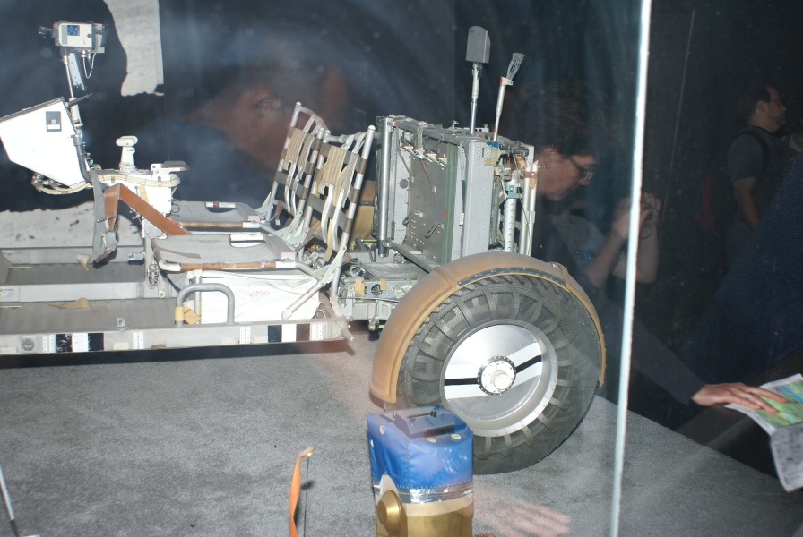 Rear of Lunar Roving Vehicle, including display &amp; control console, hand controller, 16mm data acquisition (movie) camera, crew seats, aft pallet assembly, and lunar hand tool carrier at National Air & Space Museum