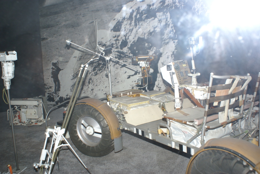 Front of Lunar Roving Vehicle at National Air & Space Museum, including high gain antenna, television camera, control &amp; display console, hand controller, and 16mm data acquisition (movie) camera