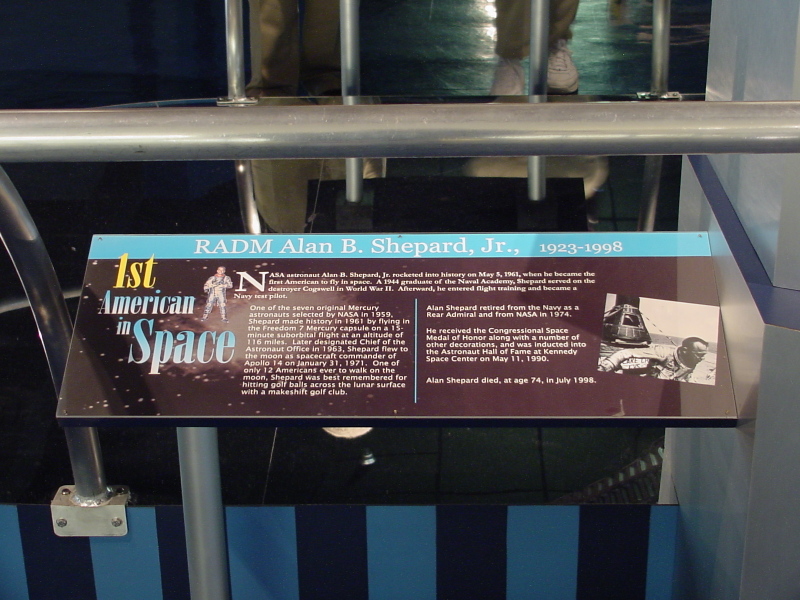 Sign accompanying Alan Shepard bust by the Mercury Mockup at Naval Aviation Museum