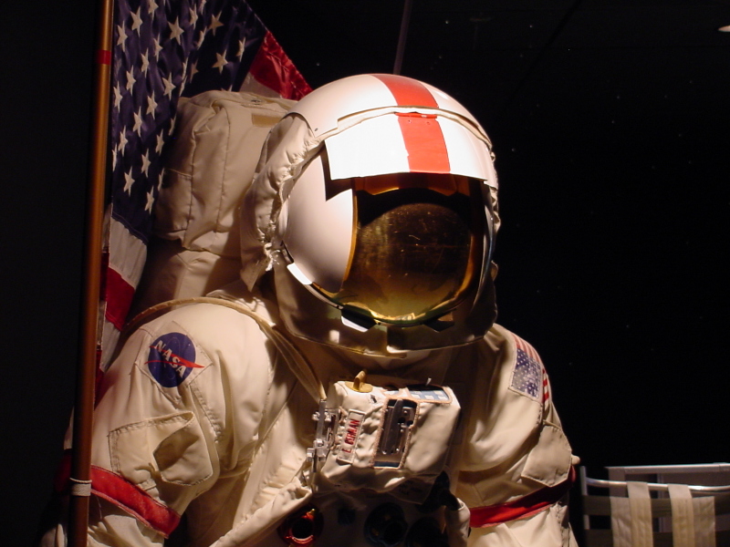 Helmet and lunar extravehicular visor assembly (LEVA) on Cernan's Apollo 17 Suit at Naval Aviation Museum