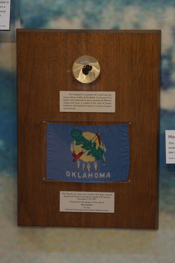 Apollo 17 goodwill moon rock presentation, including lunar sample and flown Oklahoma state flag at Oklahoma History Center