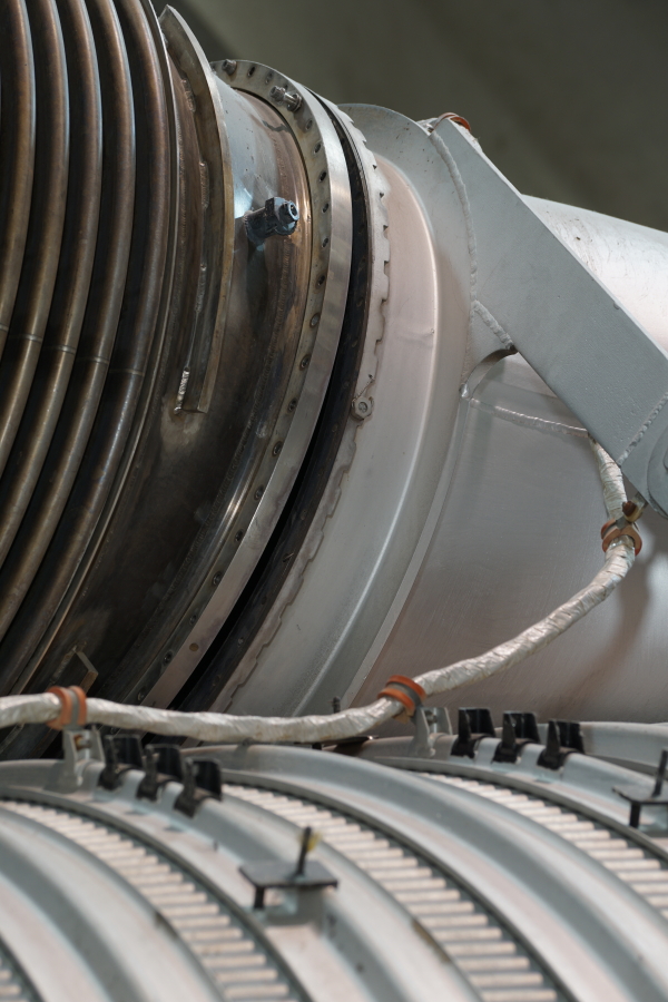 Interface between heat exchanger and turbine exhaust manifold inlet on F-1 Engine at Science Museum Oklahoma
