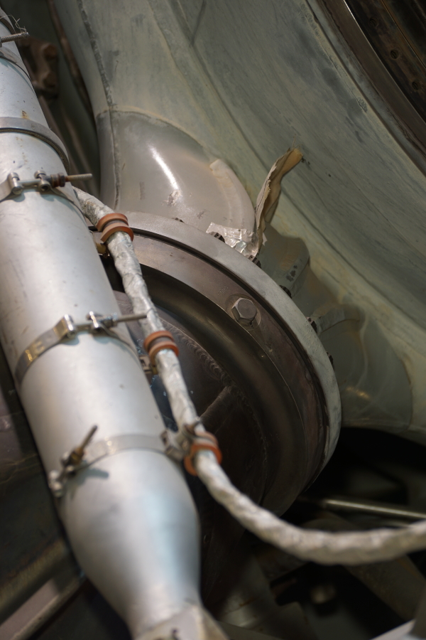 Flange connecting gas generator to turbine manifold assembly on F-1 Engine at Science Museum Oklahoma