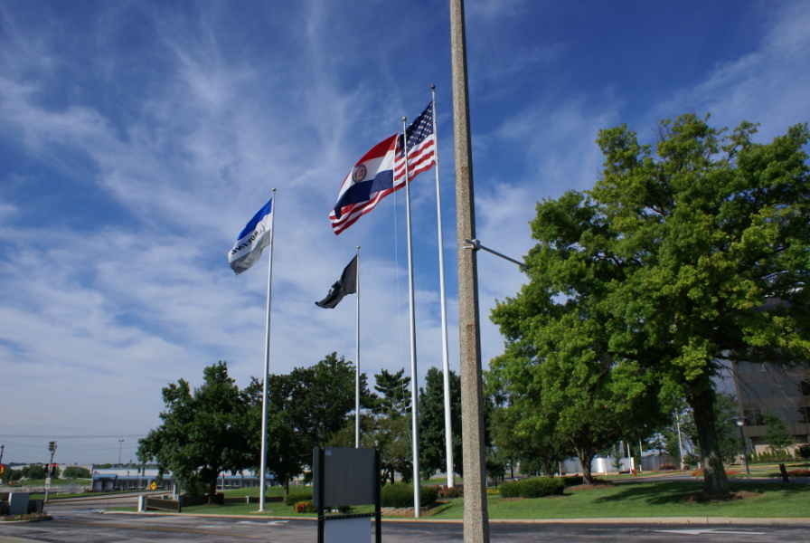 Flags outside the James S. McDonnell Prologue Room at St. Louis Boeing headquarters, Building 100.