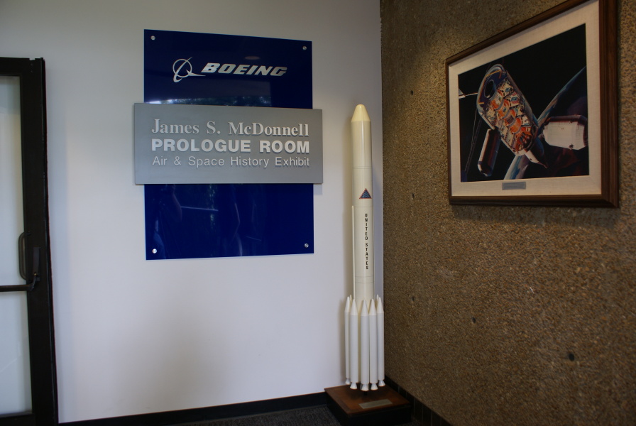 Sign and Delta II 792x/292x model at the James S. McDonnell Prologue Room exit.