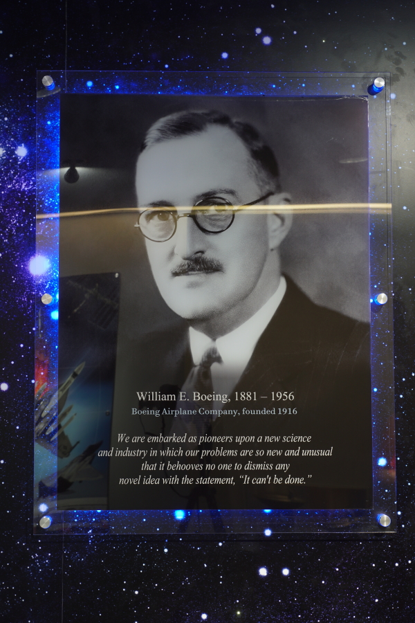 William E. Boeing's photo on founders' wall in James S. McDonnell Prologue Room lobby