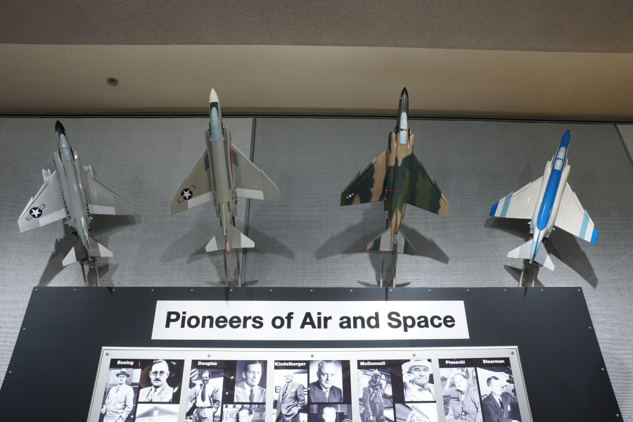 F-4 models atop the Pioneers of Air and Space exhibit at James S. McDonnell Prologue Room