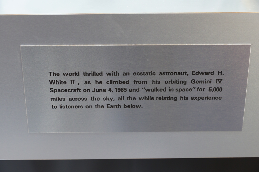Sign by the diorama of Ed White's spacewalk EVA on Gemini 4 GT-4 at James S. McDonnell Prologue Room