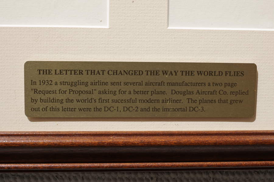Sign/plaque on the DC-1 Request for Proposal at the James S. McDonnell Prologue Room