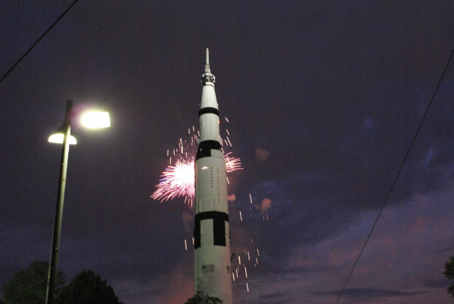 Fireworks by the Saturn V at the U.S. Space & Rocket Center during the 2007 Saturn/Apollo Reunion.