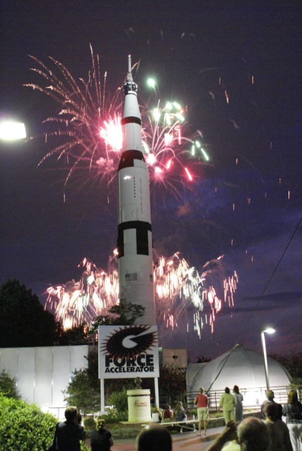 Fireworks by the Saturn V at the U.S. Space & Rocket Center during the 2007 Saturn/Apollo Reunion.