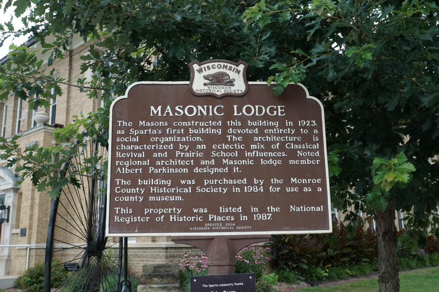 Masonic Lodge marker in front of Deke Slayton Memorial Space and Bike Museum