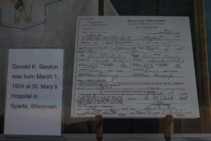 Slayton's State of Wisconsin birth certificate at Deke Slayton Memorial Space and Bike Museum