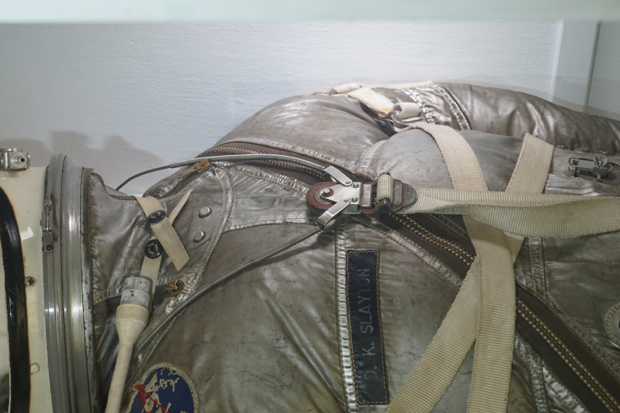 Helmet tie-down on Slayton's Mercury Suit at Deke Slayton Memorial Space and Bike Museum