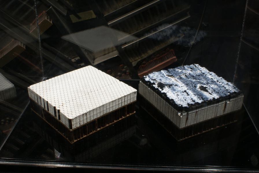 Ablated Gemini 8 and virgin unablated Gemini Heatshield Samples (Pre-Renovation) at St. Louis Science Center