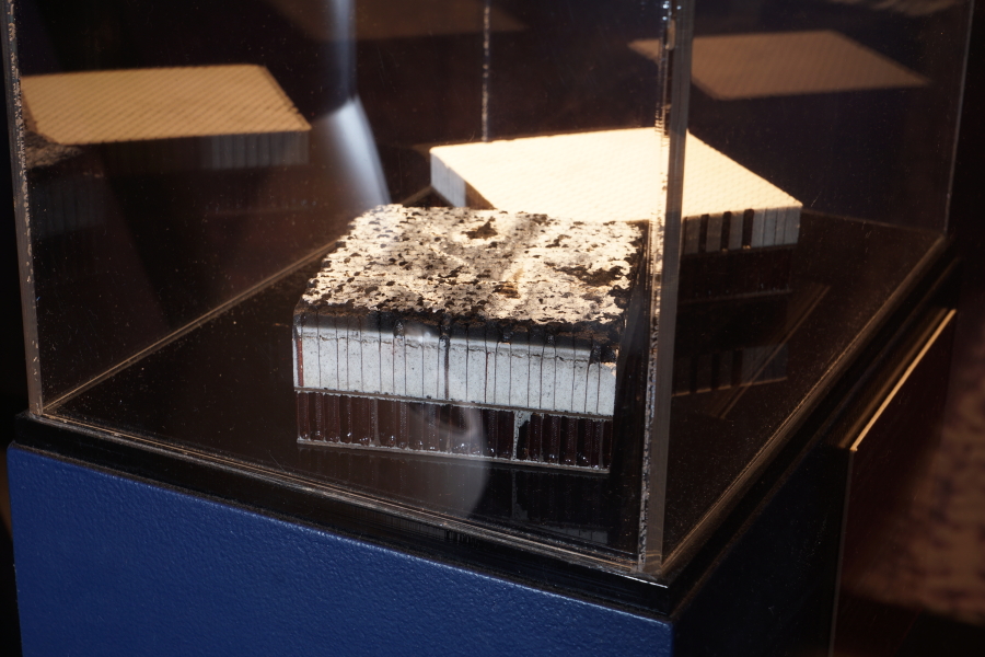 Ablated Gemini 8 and virgin unablated Gemini Heatshield Samples at St. Louis Science Center