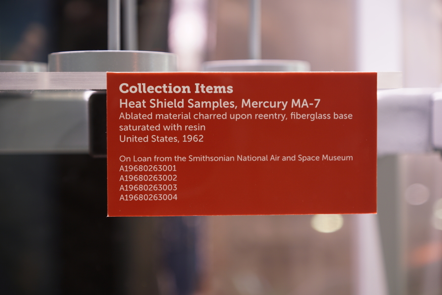 Sign accompanying the Mercury MA-7 (Aurora 7) Heatshield Samples at St. Louis Science Center