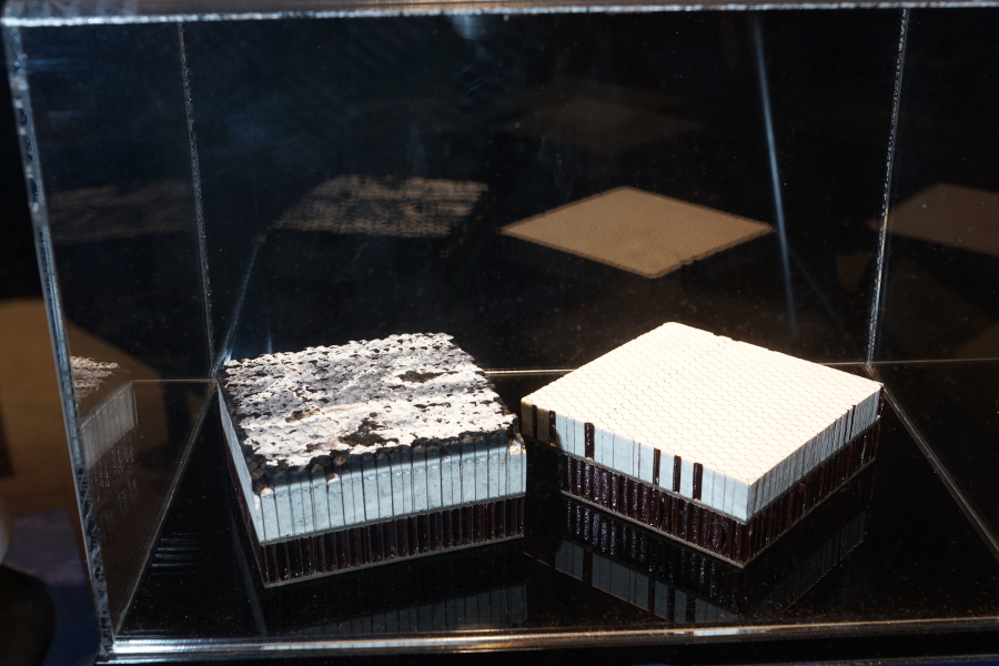 Ablated Gemini 8 and virgin unablated Gemini Heatshield Samples at St. Louis Science Center