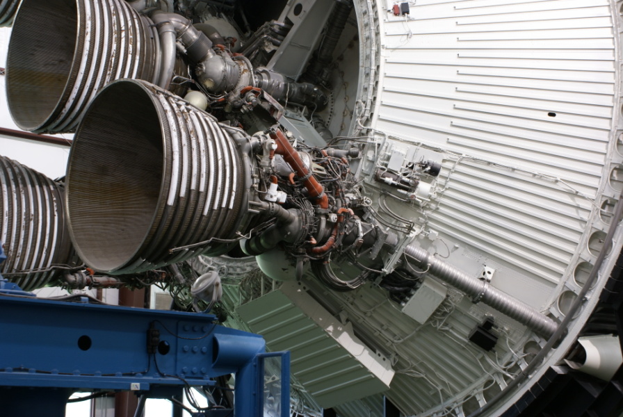 Saturn V S-II (Second) Stage's J-2 engine and liquid hydrogen lh2 fuel feed line at Space Center Houston