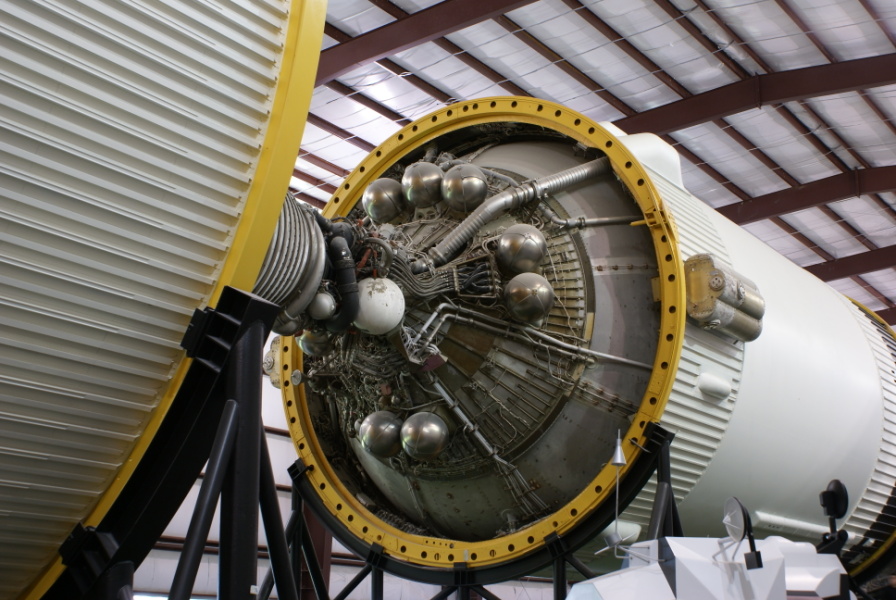 Aft end of Saturn V S-IVB (Third) Stage, including J-2 engine, ambient helium spheres, O2H2 burner (helium heater), and liquid hydrogen LH2 feed line at Space Center Houston