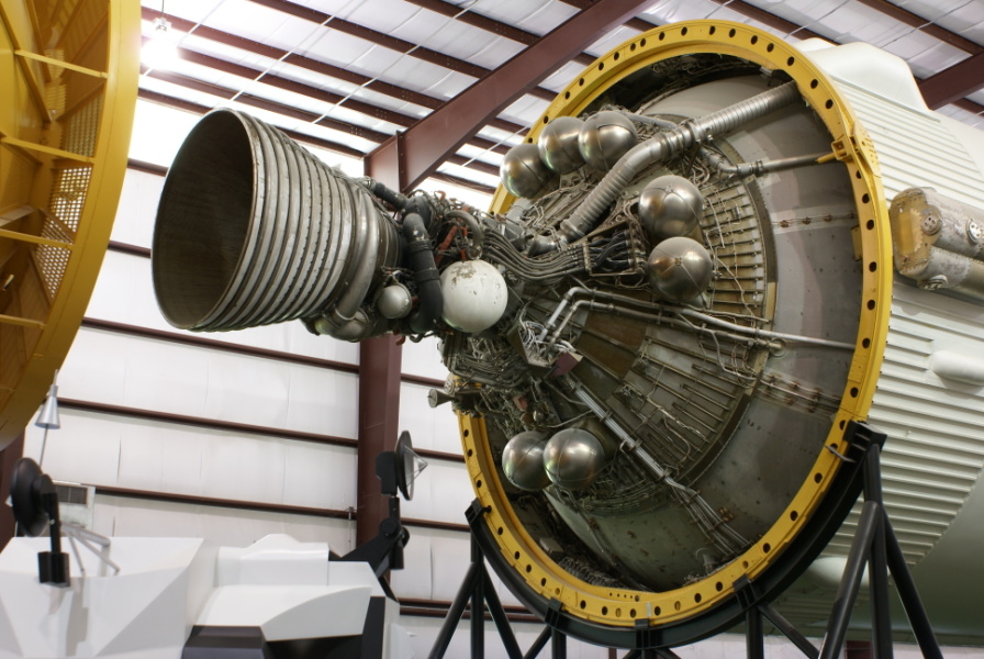 Aft end of Saturn V S-IVB (Third) Stage, including J-2 engine, ambient helium spheres, O2H2 burner (helium heater), and liquid hydrogen LH2 feed line at Space Center Houston