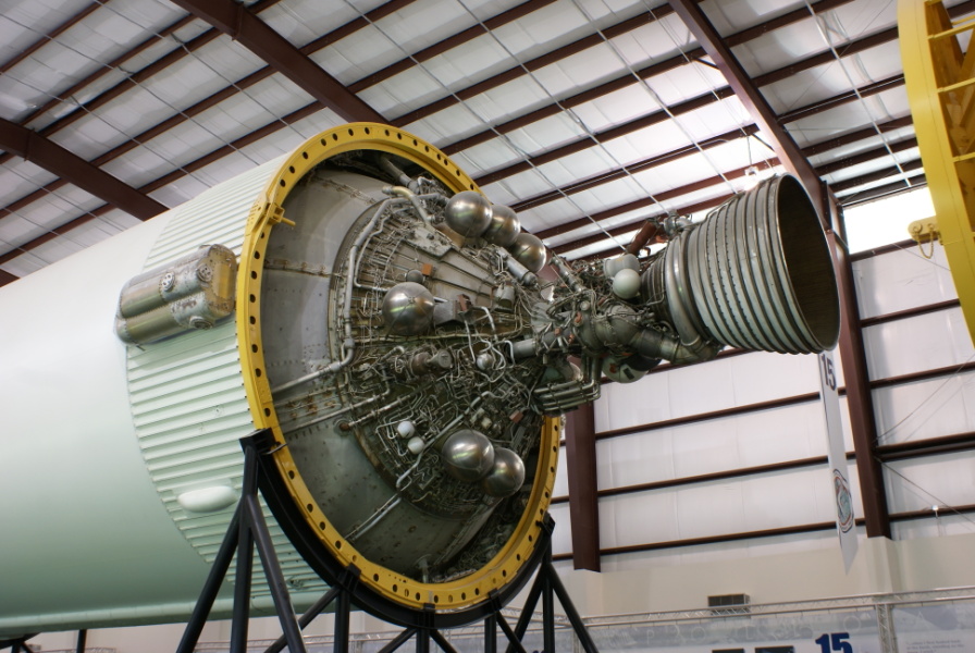 Aft end of Saturn V S-IVB (Third) Stage, including J-2 engine, ambient helium spheres, and O2H2 burner (helium heater) at Space Center Houston