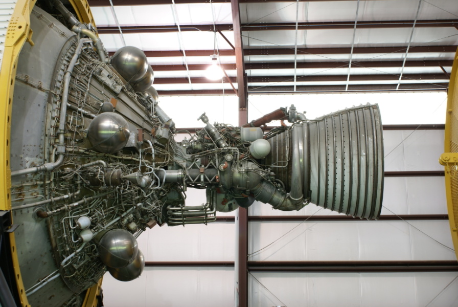 Aft end of Saturn V S-IVB (Third) Stage, including J-2 engine, ambient helium spheres, and O2H2 burner (helium heater) at Space Center Houston