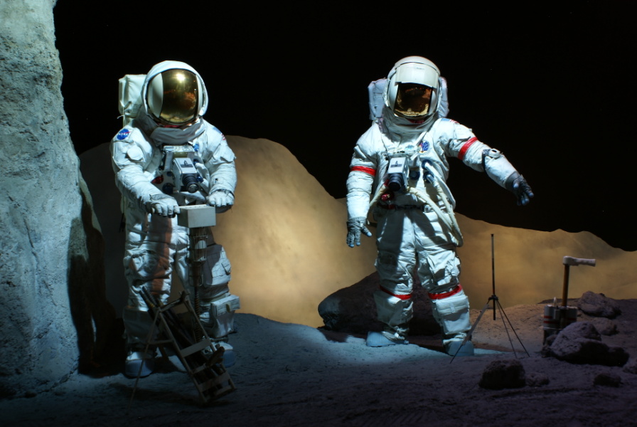 Apollo 17 astronauts wearing A7LB suits in Apollo Lunar Surface Diorama at Space Center Houston