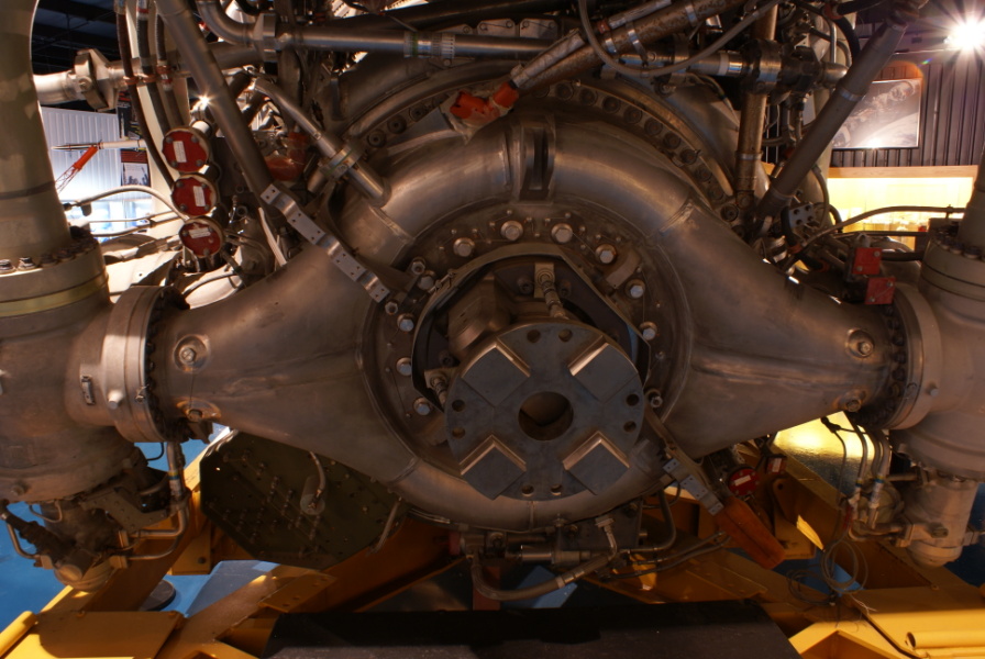 LOX dome and gimbal bearing on F-1 Engine at Stafford Air & Space Museum