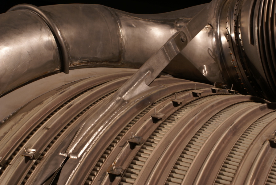 Turbine exhaust manifold support on F-1 Engine at Stafford Air & Space Museum