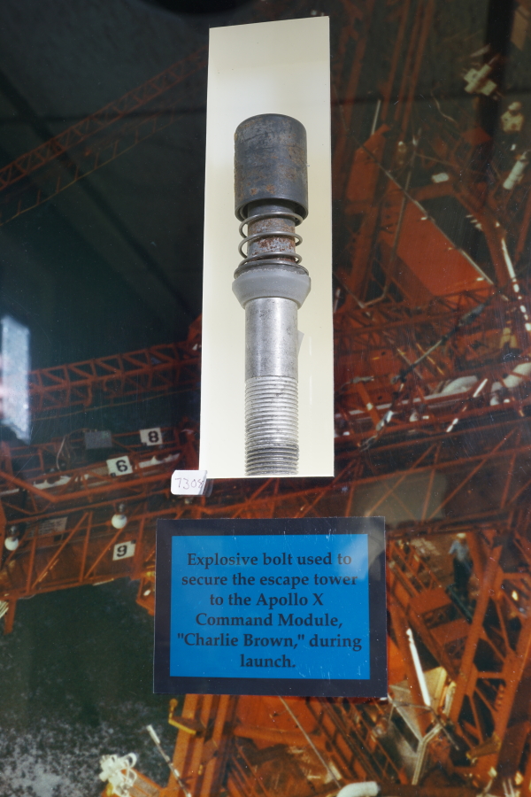 Apollo 10 Command Module/Launch Escape System Tower (CM/LES) stud and frangible nut at Stafford Air & Space Museum