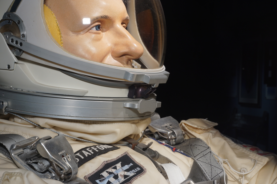 G4C suit helmet neck ring on astronaut in Gemini Ejection Seat at Stafford Air & Space Museum