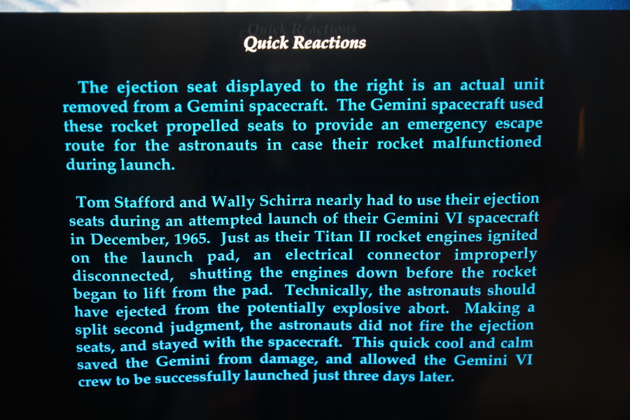 Sign accompanying Gemini Ejection Seat at Stafford Air & Space Museum