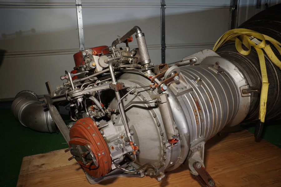 H-1 Engine combustion chamber, hypergol container, and gimbal bearing boot at Stafford Air & Space Museum