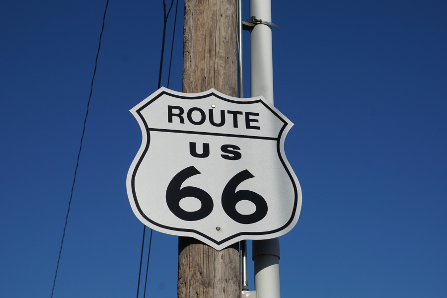 Route 66 road sign near Stafford Air & Space Museum