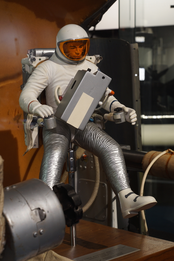 Model of astronaut wearing Gemini Astronaut Maneuvering Unit at Stafford Air & Space Museum