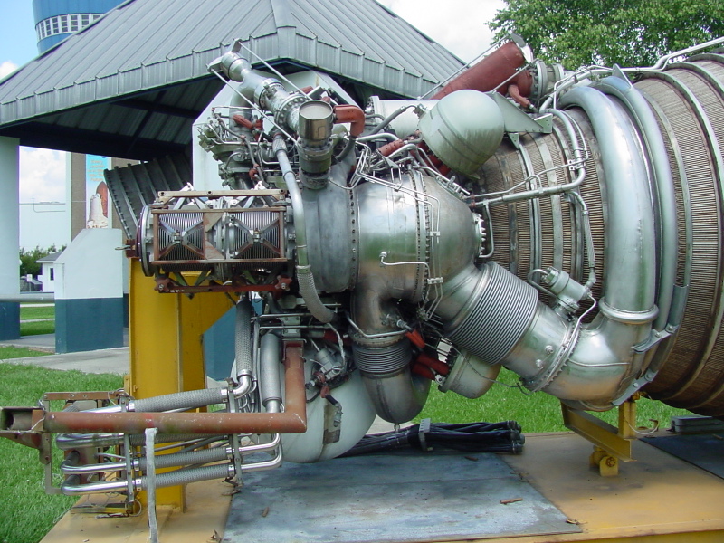 Forward end of J-2 Engine, including LOX liquid oxygen turbopump, fuel manifold, and exhaust manifold, at Stennis Space Center