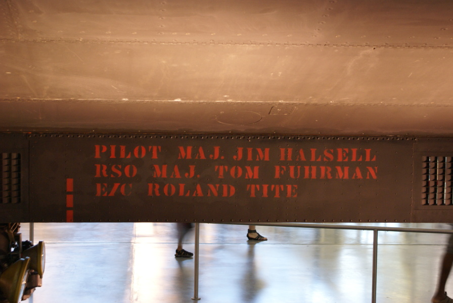 Stencil of SR-71 crew (Pilot Maj Jim Halsell; RSO Maj Tom Fuhrman; E/C Roland Tite) at Udvar-Hazy Center.