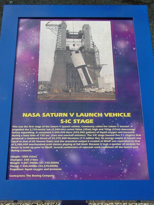 Sign accompanying Saturn V S-IC (First) Stage at U.S. Space and Rocket Center