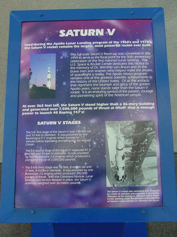 Sign accompanying Saturn V Replica at U.S. Space and Rocket Center