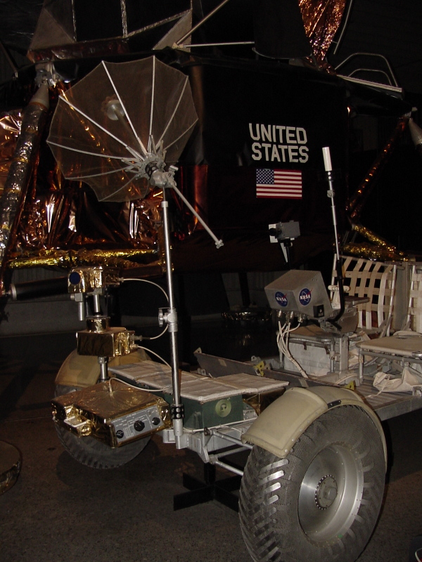 Lunar Roving Vehicle (Space Hall) high gain antenna, lunar communications relay unit (LCR), television TV camera, and batteries at U.S. Space and Rocket Center