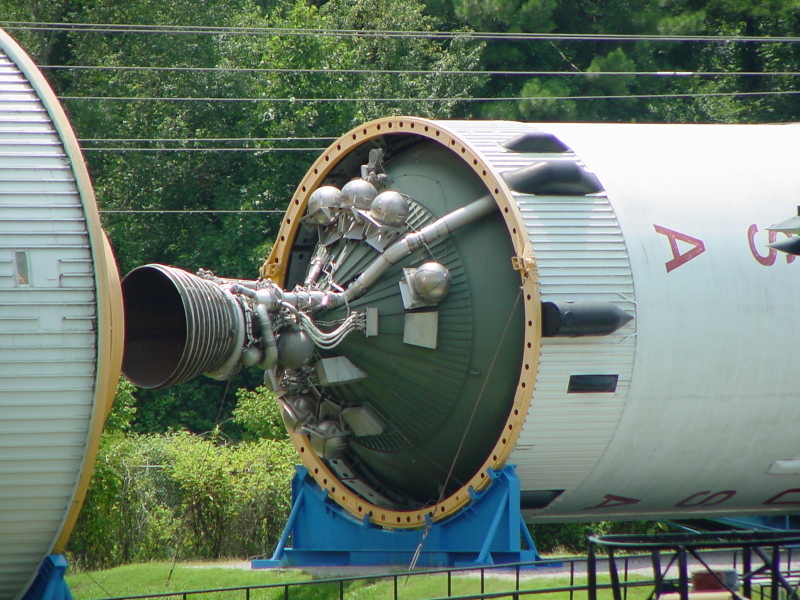 Saturn V S-IVB (Third) Stage aft end, including J-2 rocket engine, thrust structure, and aft skirt at U.S. Space and Rocket Center