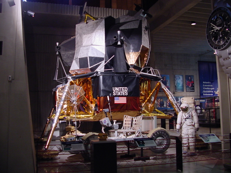 Lunar module, Lunar Roving Vehicle (Space Hall), and Apollo A7LB space suit at U.S. Space and Rocket Center