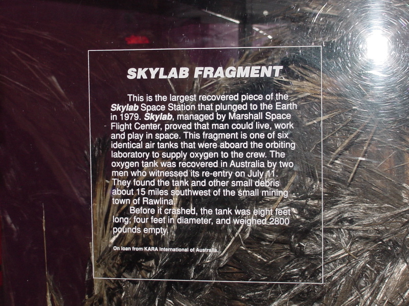 Sign accompanying Skylab oxygen tank which survived reentry at U.S. Space and Rocket Center
